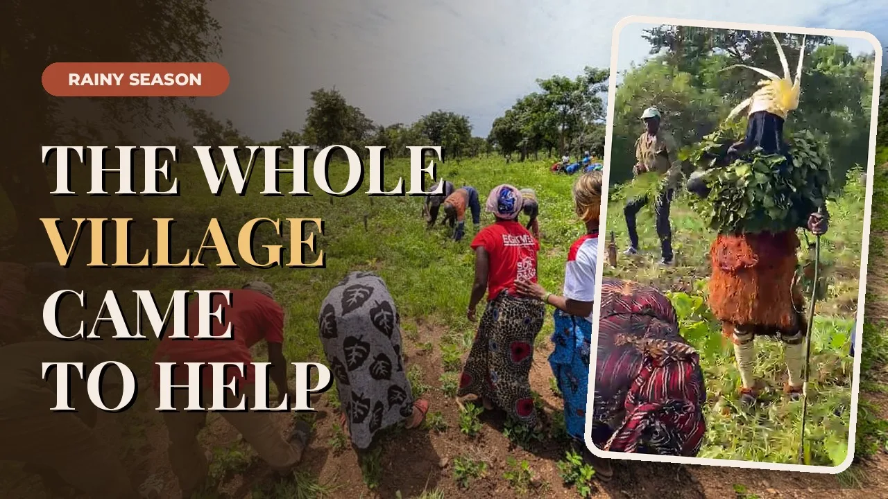 The whole village came to help — villagers and a leaf-covered mask in the field